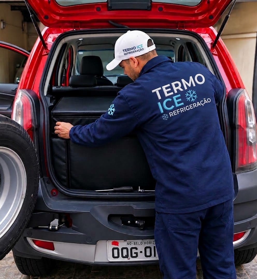 Técnico TERMO ICE instalando caixa refrigerada no porta-malas de veículo